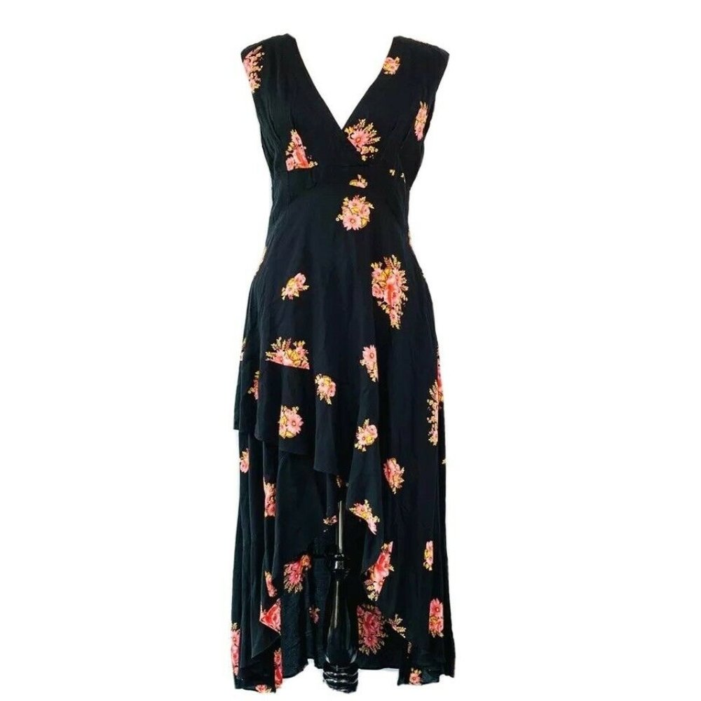 Free People Black Maxi Dress with Pink Floral Print